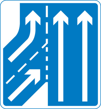 Traffic Sign - Additional traffic joining from left ahead. Traffic on main carriageway has priority over joining traffic from right hand lane of slip road