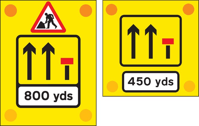 Traffic Signs - Works vehicle mounted, right-hand lane closed