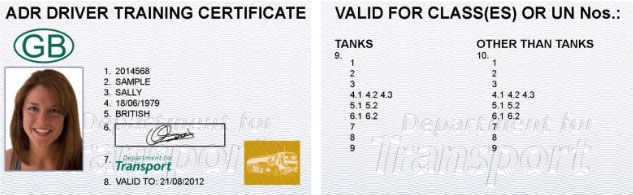 ADR training certificate (card) as from 1 January 2012